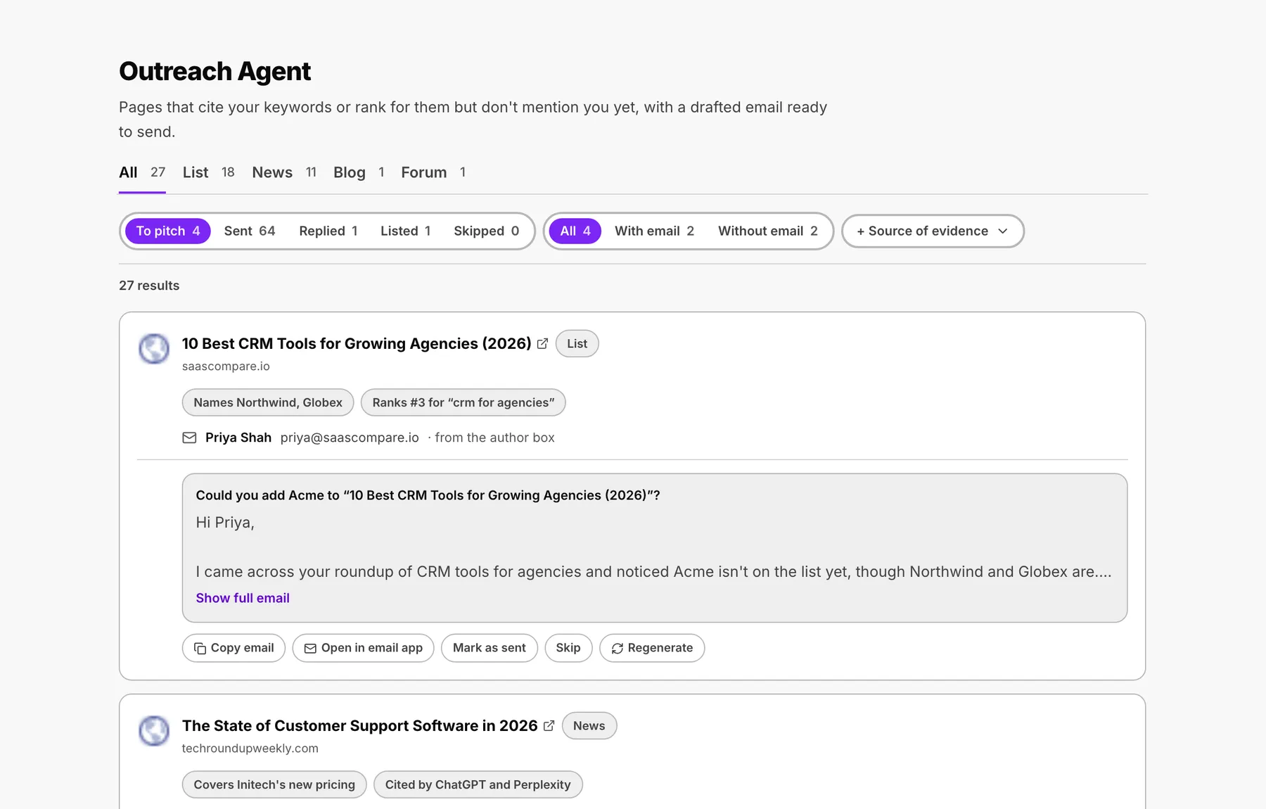 MarketHQ Outreach Agent: Pages that rank for your keywords and name competitors, with a pitch ready to send.