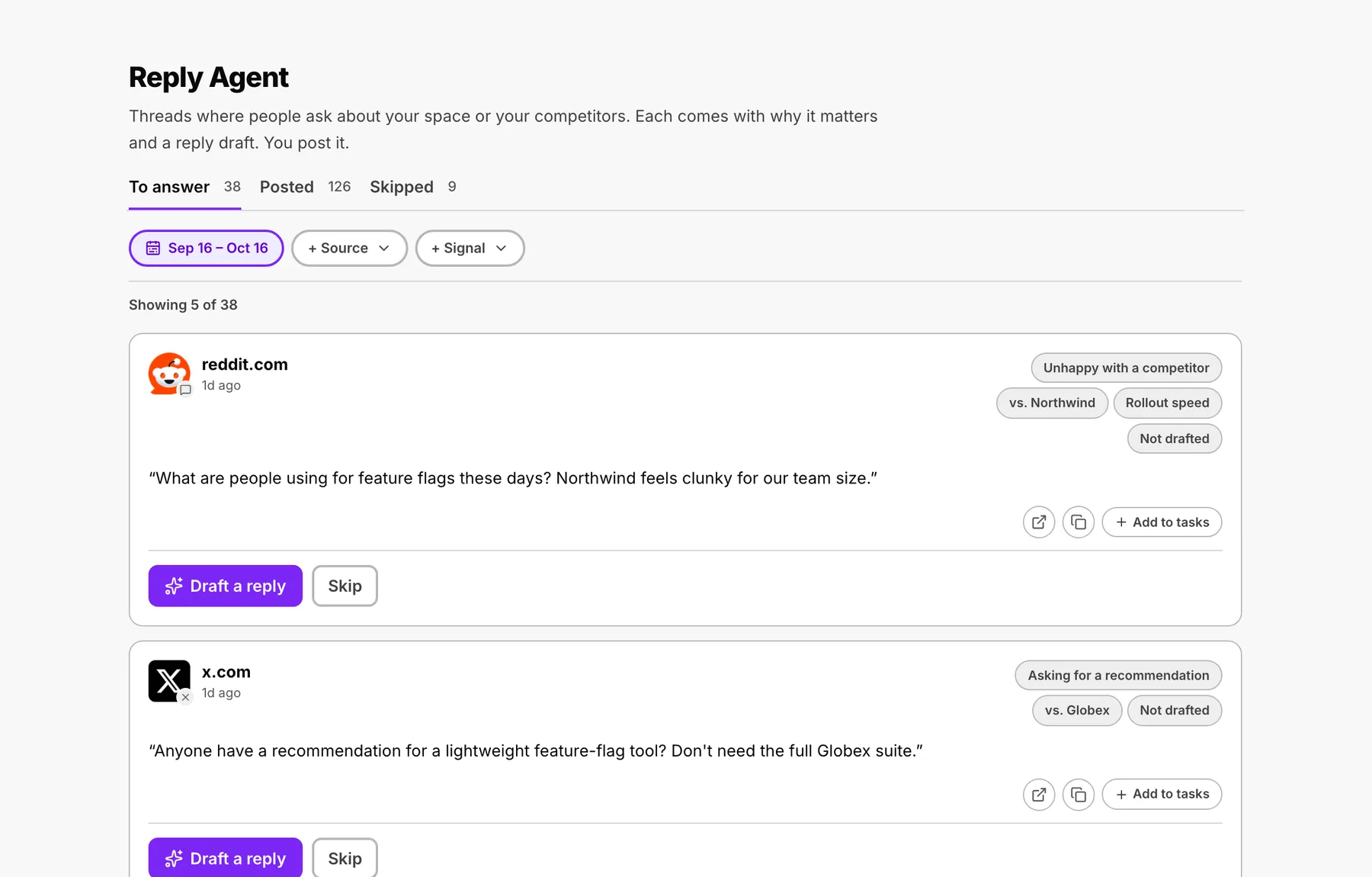 MarketHQ Reply Agent: Threads worth answering, each with why it matters and a draft that says you work there.