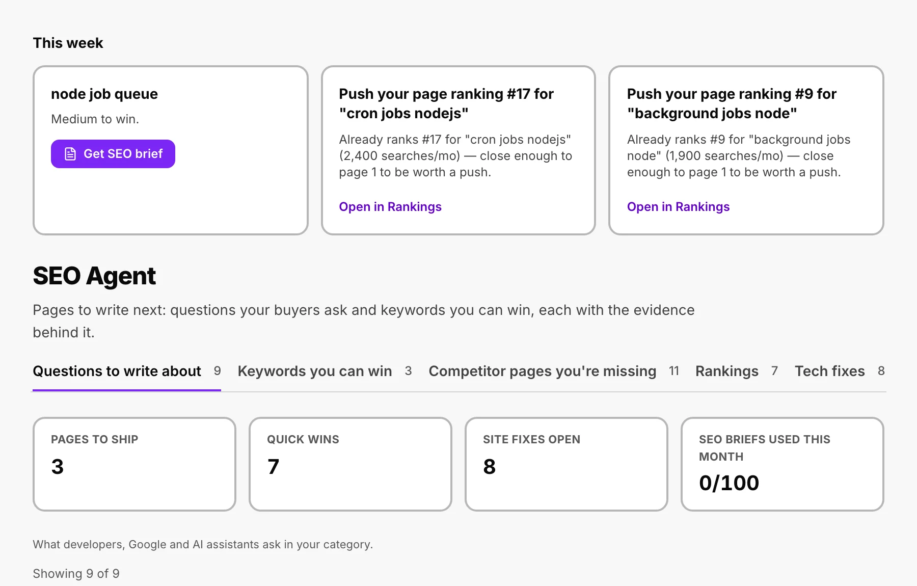 MarketHQ SEO Agent: Searches you're close to winning, the questions buyers ask, the pages AI answers cite and the fixes holding your site back. Hand any of it to your AI.